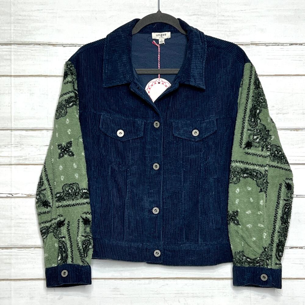 Umgee Corduroy Jacket Fleece Sleeves Blue Green Boho Size Small
